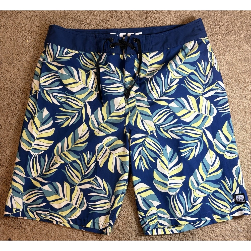 Reef‎ Boardshorts Men 34 Alonso Tropical Leaf Pattern Blue Surf Swim